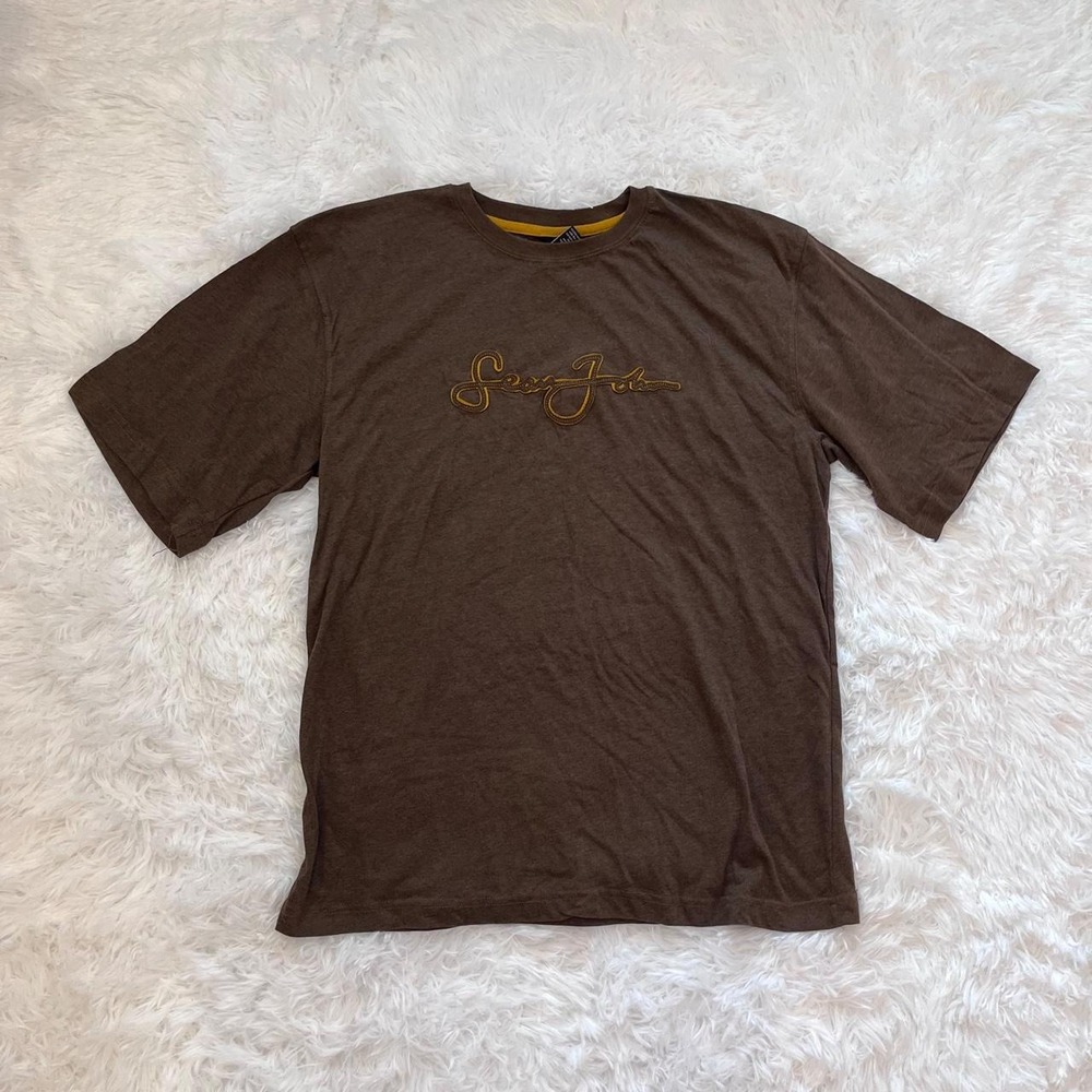 🍟Y2K DEADSTOCK  Sean John Brown Embroidered Script Logo Short Sleeve T-Shirt XL